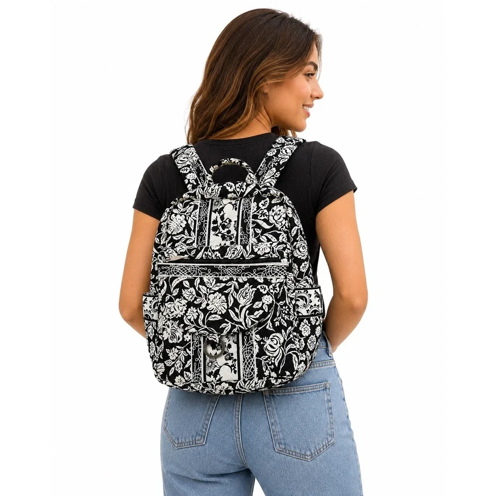 Aerie Black White Floral Quilted Backpack School Travel Bag Marie Collection